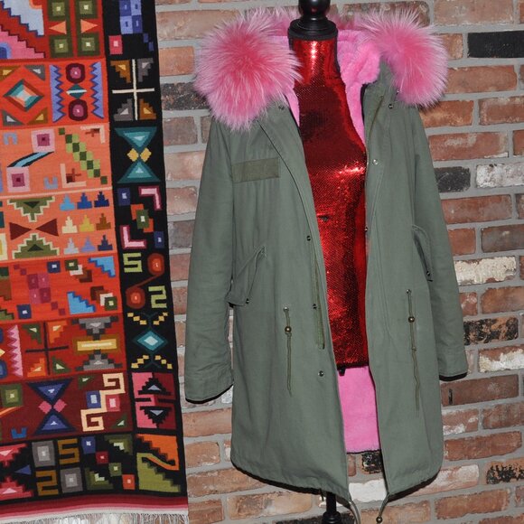 Green Parka Pink Raccoon Fur Trim, Faux Fur Lining M - Picture 4 of 14